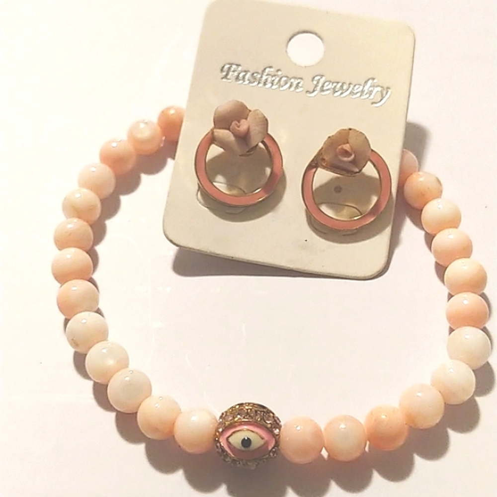 Pink stone evil eye bracelet & rose stud earrings